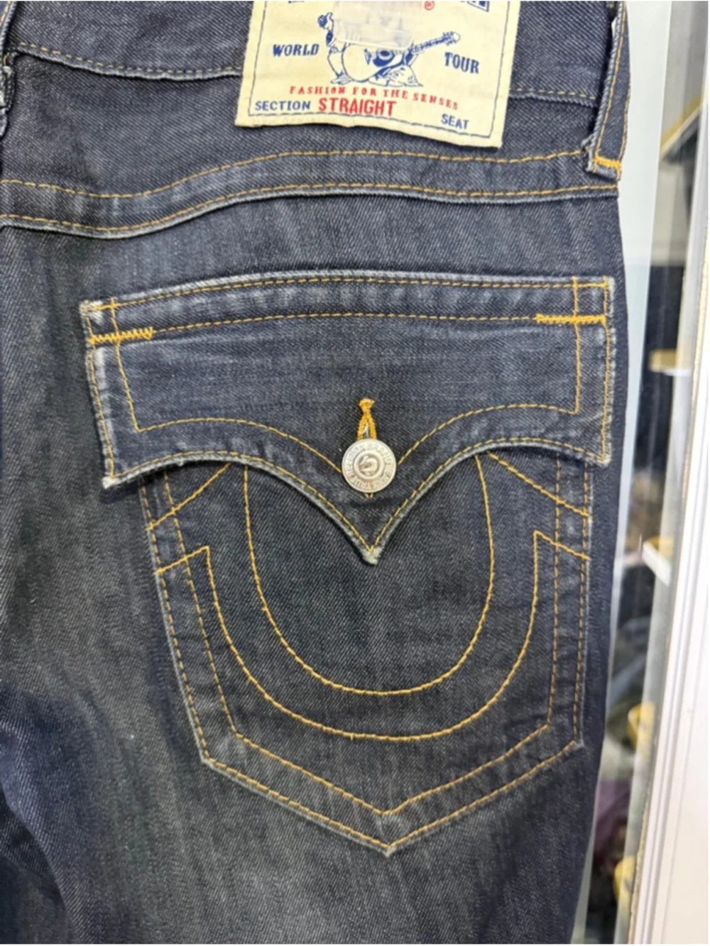 Men's True Religion Straight Leg Jeans Waist 33 Blue with Yellow Stitching